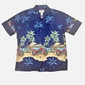 KY’s Blue W/ Motorcycles & Palm Trees Hawaiian Shirt Size Large U.S.A.